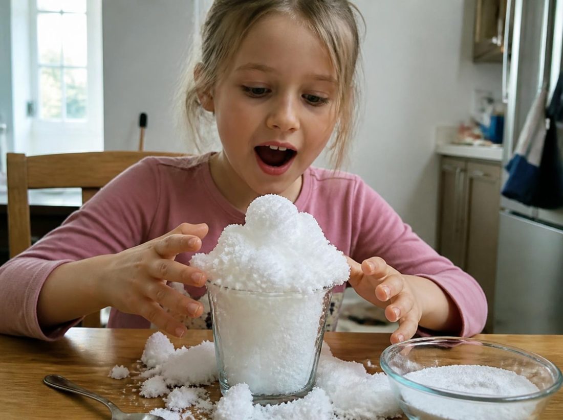 Una niña, boquiabierta, ante un vaso que desborda nieve blanca y esponjosa